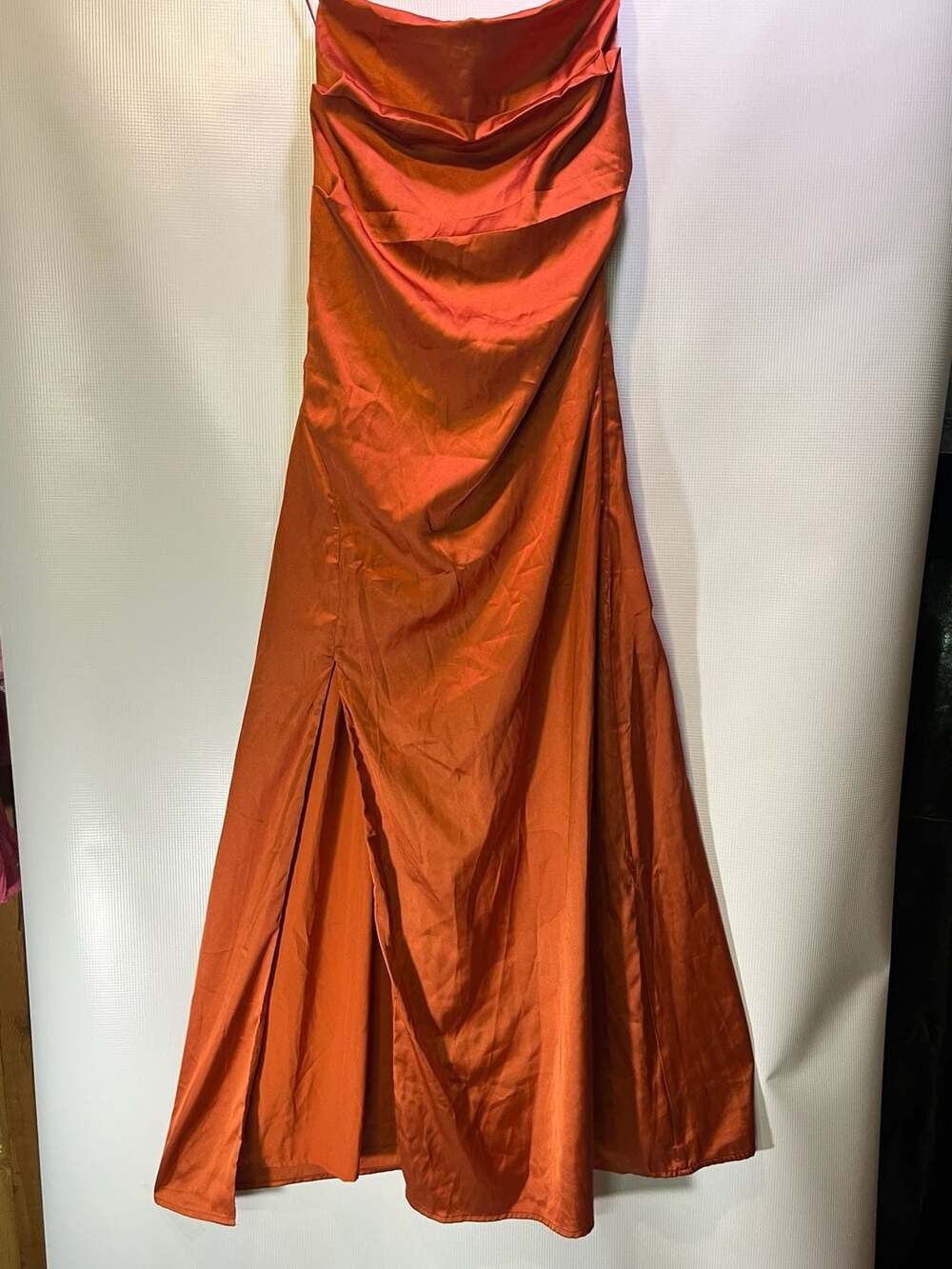 Finesse Burnt Orange Satin Asymmetrical Sheath Dress